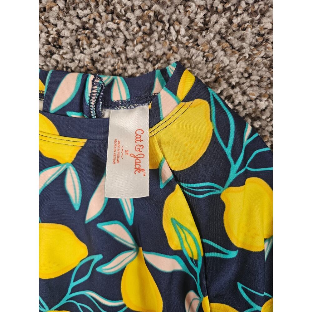 Cat & Jack Toddler Girls Sz 5T Long Sleeve One Piece Swimsuit Lemon Print Blue - Picture 2 of 3
